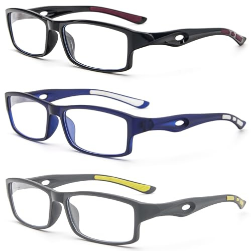 KoKoBin 3er pack Rechteck Lesebrille Sportliches Design TR90 flexible Anti-Blaulicht Lesehilfe Damen für Herren (3er-Pack (schwarz blau grau), 2.5, x)