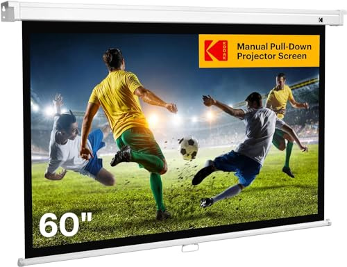 KODAK Écran de Projection Blanc rétractable Manuel de 152,4 cm | Grand écran de Bureau 16:9 pour cinéma à Domicile avec Options de Montage Mural et au Plafond, Tissu Mat Facile à Nettoyer et Design