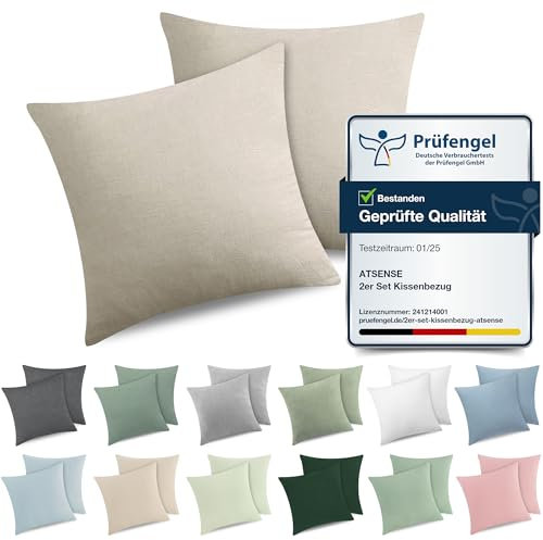 ATsense 2er Set Kissenbezug 60x60 cm - 100% Gewaschene Baumwolle, Kopfkissenbezug mit Reißverschluss, Oeko-TEX Zertifiziert Weich, Nicht Lleicht Verformbar,Beige-grau