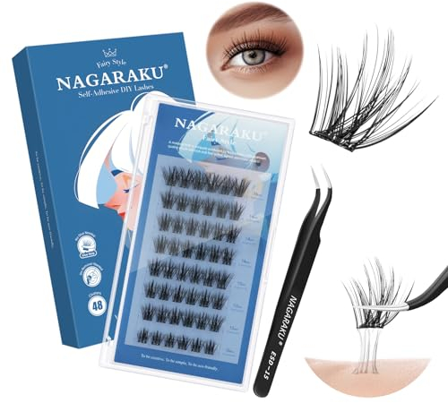 NAGARAKU Pestañas Autoadhesivas con Pinzas Kit, 48 Racimos Pestañas Adhesivas Presión Automática Sin Pegamento Ni Removedor Reutilizables Prepegados Suave Lash Aspecto Natural Hada(0,07mm C 10-16mm)