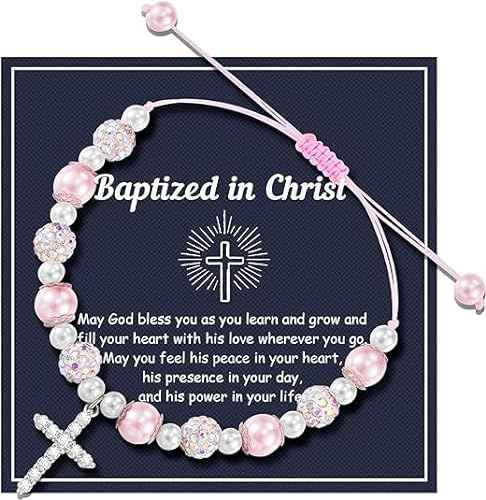 YUEXNKO Kreuz Rosenkranz Armband, Kreuz-Armband taufgeschenke, Taufe Rosenkranz Armband für Mädchen, inklusive Perlenarmband mit Kreuz Religiöse Glückwunschkarte, Kommunion Geschenke für Mädchen