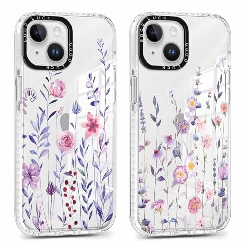 Foonary 2 Stück Transparent Hülle für Apple iPhone 13 Mini 5,4, Handyhülle mit Aesthetic Muster Blumen Motiv Design Mädchen Frauen Case, Silikon Bumper Schutzhülle Cover für iPhone 13 Mini, Blumen 01