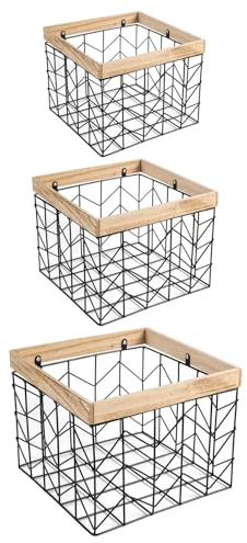 IDIMEX Metallkorb BOHAI 3er Set schwarz - Drahtkorb, Aufbewahrungskorb mit Holzrahmen, stapelbar, Dekokörbe, Bad, Kleiderschrank, Organizer