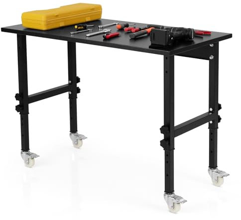 COSTWAY 120cm Adjustable Workbench, 10-Level Height Rolling Garage Work Bench with 4 Lockable Casters and Bamboo Top, Heavy Duty Steel Workstation for Home Workshop, 500 kg Load Capacity (Black)