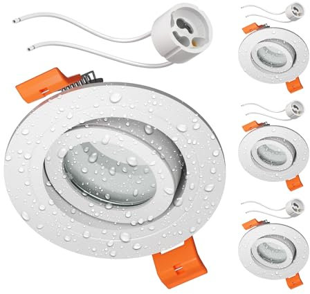 ledscom.de 4 Stück Bad-Deckeneinbaurahmen ERID, Feuchtraum, Badezimmer, IP44, rund, schwenkbar, weiß matt inkl. GU10 Fassung