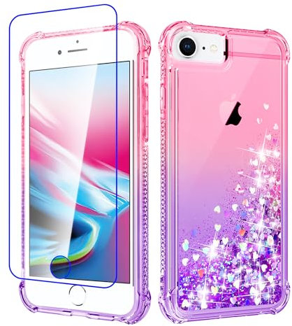 Pilaru for iPhone SE 2022/2020 & 6/6S/7/8 Case Clear Liquid Heart Lovely Glitter Soft TPU Cover Transparent Girly Protective Phone Case for iPhone 6/6S/7/8,Pink/Purple