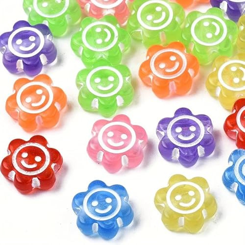 Perlin 150 Stück Lächelnde Glücklich Gesicht Perlen Blume form 10mm Bunte Acryl Lächeln Perlen zum Auffädeln Bastelperlen für Armband Choker Schmuck andere Handwerk