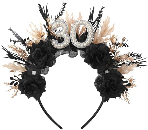 PartyforU Schwarzes Stirnband zum 30. Geburtstag – Krone zum 30. Geburtstag, Kopfband für sie, 30. Geburtstag, Geschenke für Frauen, Party-Fotoshooting, 30. Flirty und blühendes Geburtstagszubehör