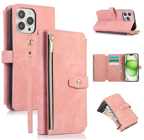 ZCDAYE Hülle für iPhone 16 Pro Max mit Kartenschlitzen Brieftasche, PU Leder Karierte Handytasche iPhone 16 Pro Max Handyhülle Geldbörse Damen Handschlaufe Tasche für iPhone 16 Pro Max,Roségold
