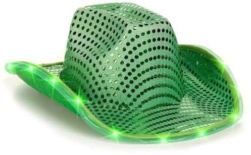 alloneslife Cowboyhut, beleuchteter Hut mit LED, für die Braut, grüne Pailletten, Fedora-Hut für Outdoor-Fotoshootings, grün, S-3XL