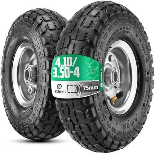 MOOVMOOV Aufblasbares Rad 4.10/3.50-4 (x2), Bohrung 20 mm – für Sackkarre, Bollerwagen und Schubkarren. Komplettrad: Reifen + Schlauch mit gebogenem Ventil + Stahlfelge mit Kugellagern
