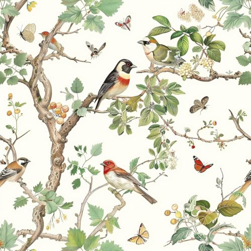 Nukofal Papier peint vintage à décoller et à coller - Motif oiseaux floraux - 42,9 x 300 cm - Papier peint autocollant amovible pour décoration murale de salle de bain