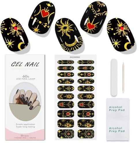 JMEOWIO Gel Nail Stickers Moon Star Black Semi Cured Gel Nail Strips Wraps UV/LED Nails Art Design Decoration Accessories