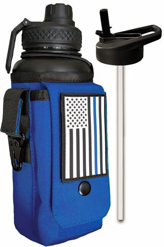 Iron Infidel Battle Bottle - 32 Oz Insulated Water Bottle with Straw Lid & Chug Cap, Stainless Steel Metal Flask Includes Rugged, Removable Sleeve for Keys, Wallet, & Phone (Thin Blue Line 1 Liter)