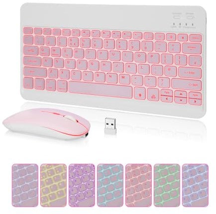 MAYPHY Wireless Mini Keyboard Mouse Combo, 7-Color Backlight Portable Keyboard, 2.4G /BT Dual Mode for iPad, Tablets, Laptops, Silent Keys & Compact Design, UK Layout, Pink