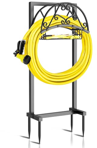 Ouinis Gartenschlauchhalter, freistehend, robuste Metall-Schlauchtrommel, Aufbewahrungsständer mit Aufbewahrungskorb und 4 Spikes, Schlauchaufhänger für den Außenbereich, Garten, Terrasse, Rasen