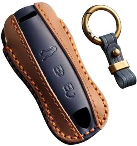 Ysbxitu Schlüssel Hülle,Schlüsselanhänger Passt für Porsche Cayenne Panamera 911 971 9YA Macan Boxster Carrera Taycan Schutzhülle Abdeckung,Fernbedienung Cover aus Nähen von Rindsleder