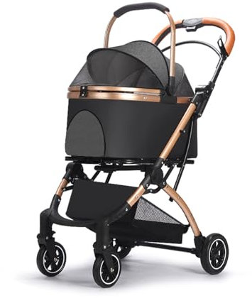 Gimars Upgrade 4 in 1 Katzenwagen & Hundewagen Bis 20kg Klappbar,360° Gummireifen Katzen Wagen Mit Hinterradbremse, Hundebuggy Mit Regenschutz Einziehbare Zugstange Für Kleine Hunde Katze Schwarz