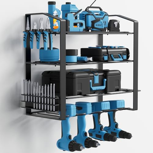 COWISH Power Tool Organizer, 4 Drill Holder Wall Mounted, Garage Tool Organizer and Storage Rack with Screwdriver Holder, 4 Layer Cordless Drill Holder with Black Color