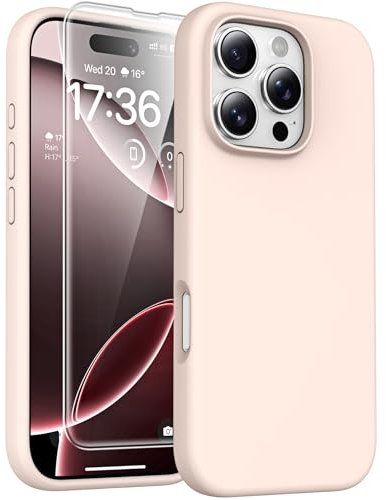 TOCOL 3 in 1 Silicone for iPhone 16 Pro Max Case 6.9-Inch, with 2 Pack HD Screen Protector, Liquid Silicone Slim Silky-Soft Touch Multi-Color Anti-Scratch Shockproof Cover, Pink