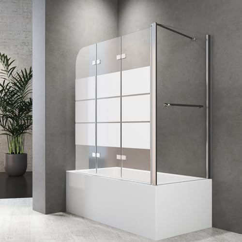 Gestreift Duschwand für Badewanne 70 x 120 x 140 cm mit Seitenwand 2-teilig Faltbar,Silber Faltbar Badewannenaufsatz Duschtrennwand Faltwand aus 6mm Nano Glas