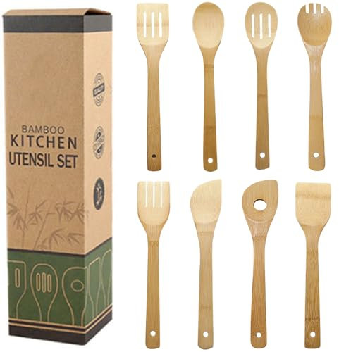8 Piezas Juego de Utensilios de Cocina de Madera de Bambú, Cucharones de Cocina, Juego Utensilios Cocina, Set Menaje de Cocina