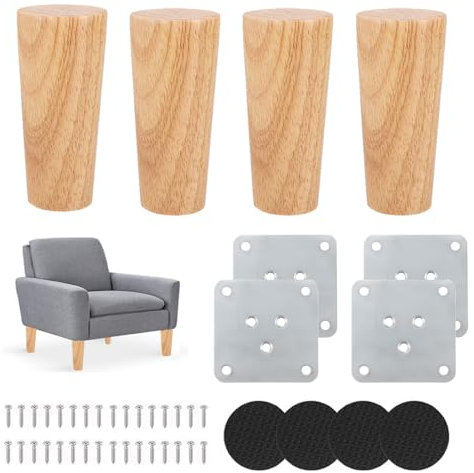 Kozdtiz Möbelfüße Holz, 4 Stück 8 cm Möbelfüße Holz Eiche, Mit montageplatten und Schrauben, Massivholz Holzbeine für Möbel für Sofa, Kommode, Schrank, Couchtisch Gerader Fuß