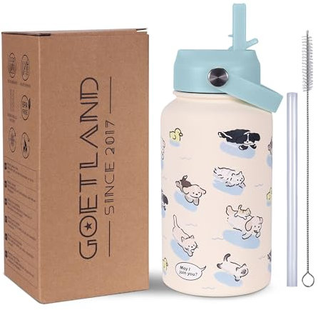 Goetland 650 ml Insulated Water Bottle with Straw Lid Stainless Steel Cute Dog Cat Pattern UV Printed Vacuum Double Wall Leakproof Wide Mouth for Kids Girls Women Light Blue