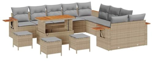 vidaXL 14-teiliges Garten-Sofa-Set mit Kissen in Beige aus Poly-Rattan und Akazie. Perfekt für 6 Personen, wetterfest und modern, ideal für Terrasse und Garten.