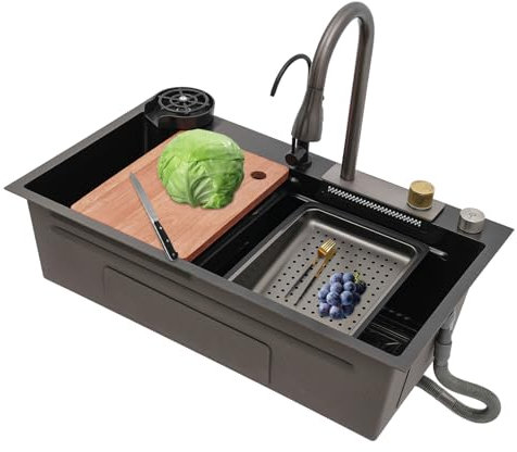 Práctico fregadero de acero inoxidable con grifo extraíble, 80 cm, con tabla de cortar, escurridor, fregadero para cocina (negro)