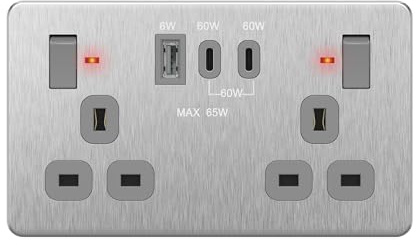 LIDER 2-Gang Switched 13A Socket, Power Delivery Fast Charging | Total Output 65W, PD 60W Max USB-C, UKCA Certified, Stainless Steel, Use A 35mm-Deep Back Box, Pd65 USB Output