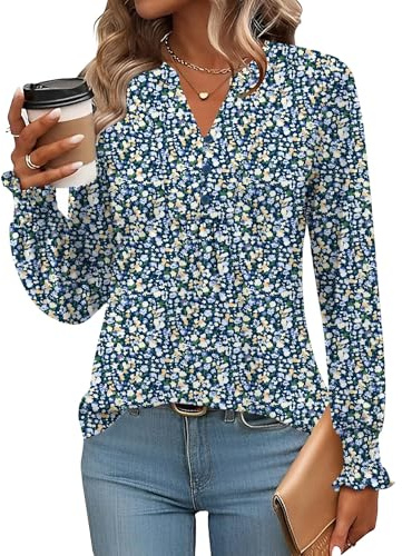 Rapbin Womens Tops Long Sleeve Elegant V Neck T-Shirts Fashion Ladies Pleated Holiday Blouses Blue White Floral-L(UK 16-18)
