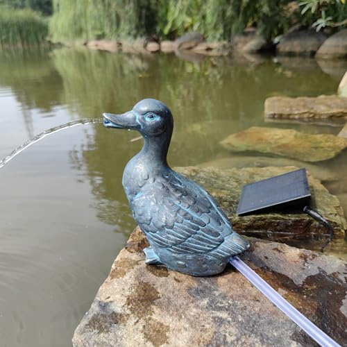 Wasserspeier Solar mit Pumpe – Teichfigur mit Solarpumpe & Wasserspiel – Gartendeko aus Polyresin in Bronze-Optik – Solarbrunnen für Gartenteich & Wasserlauf (Ente 26,5x16,5x29,5 cm)