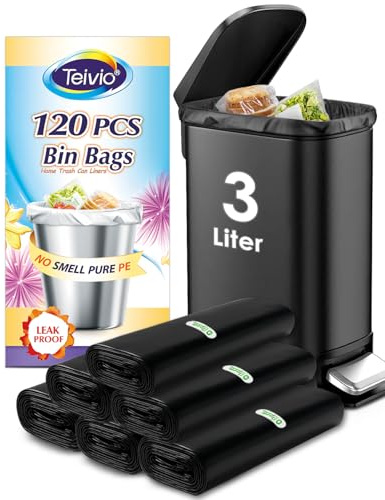 Teivio Mini Trash Bags, 3L, 120 Pieces, Small Strong Trash Bags, Suitable for 3-5L Trash Bins, Waste Basket Liners for Home, Office, Kitchen (Black)