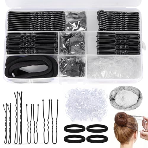 HONZUEN 385 Pcs Pince Cheveux & Kit Chignon avec Filet, Noir | 150 Pinces U & 125 Epingles plates | 6 Filets chignon, 100 élastiques & chouchous | Coffret rangement | Danse & quotidien