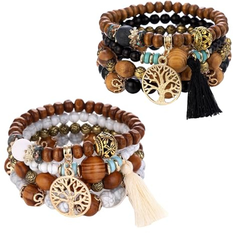Sikweny 2 Stück Boho Armband Damen Sommer Armband Damen Armbänder Holzperlen Quaste Natürliches Kristall Heilsteine Liebe Statement-Armreifen Chakra für Frauen für Festival Outfit