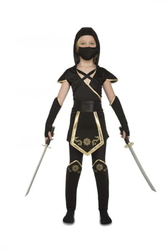 My Other Me - Disfraz Ninja Niña 10-12 años. Incluye vestido y capucha, cinturón, polainas, máscara y manguitos en color negro con detalles dorados. Negro intenso resaltando toques brillantes.