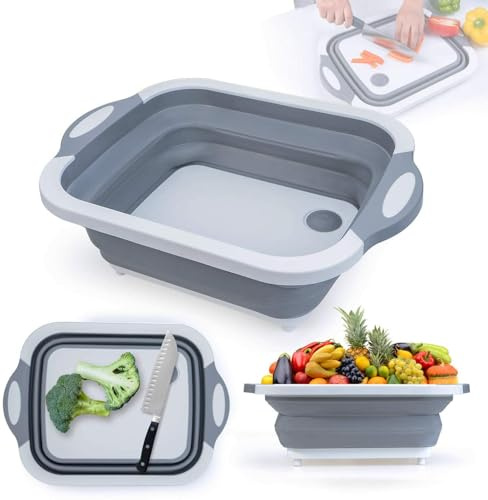 Tagliere pieghevole 3 in 1 con tappo di scarico, lavabo, vasca per piatti e scolapasta, multifunzionale per lavare frutta e verdura, salvaspazio per cucina, campeggio, picnic e barbecue