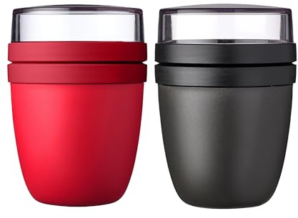Mepal | Lunchpot Ellipse Mixed | Campus Red + Nordic Black | Müslibecher to go | Unterteilung für Joghurt & Müsli | 500 ml + 200 ml | Geeignet für Gefrierschrank, Mikrowelle & Spülmaschine