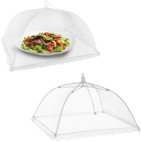 Yuannee Mesh Food Cover,2 PCS 12 Inch White Food Covers Mesh Nets Tents Reusable Foldable Umbrella Pop Up Covers Collapsible Kitchen Nets for Fruit Dish Picnic Outside Fly Mosquitoes Bugs