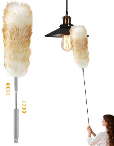XEERUN Extendable Feather Duster, 140CM Lambswool Duster for Cleaning with Extension Pole, Extendable and Reusable, Long Handled Duster for High Ceilings Lights Home, Office, Car Cleaning