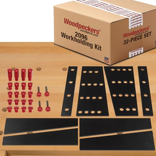 Woodpeckers 2096 Workholding Kit 32-Piece Set, Dog and Wedge Clamp Holdfast System for MFT Tables, Aluminum Bench Dogs and Phenolic Wedges for Versatile Workholding – Made in USA WHK2096SB-19
