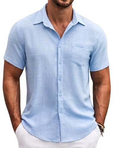 COOFANDY Camisa Hombre Manga Corta Verano Casual Ligera Playa Corte Regular con Bolsillo en el Pecho Azul Claro M