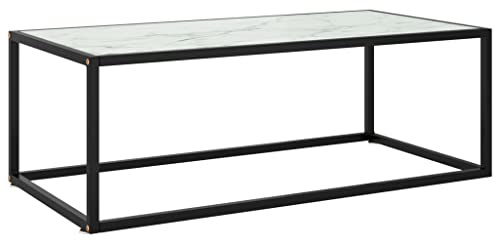 LoogCape Mesa de centro negra con cristal blanco en aspecto de mármol, 100 x 50 x 35 cm, de vidrio templado y acero con recubrimiento en polvo, para sala de estar, diseño moderno, mesa auxiliar