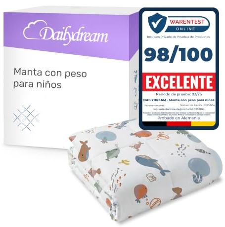 Dailydream Gewichtsdecke Kinder 104x150cm, 3,2 kg, Baumwolle, Motiv Ocean | Gewichtsdecke für Kinder mit atmungsaktiver Baumwoll-Außenschicht, Glasperlenfüllung und doppelt vernähten Kammern.