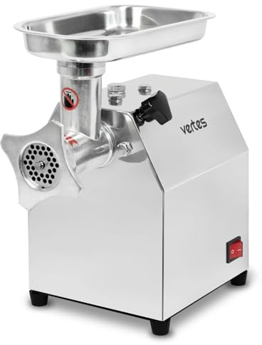 VERTES Fleischwolf Fleischmaschine Faschiermaschine Elektrisch, Edelstahl, 250W, 75 kg/h, Größe 8, Professionell f. Gastro, 2 Einfüllschalen, 4 Lochscheiben, 2 Messer, Stopfer, Vor-, Rückwärtsgang
