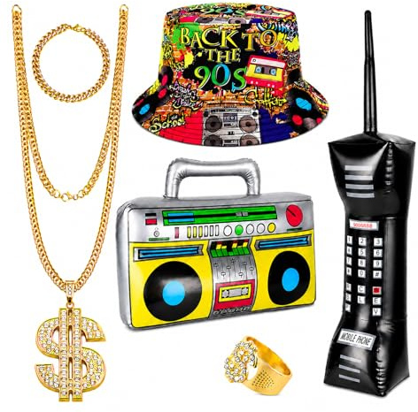 Letienti 80er 90er Jahre Hip Hop Kostüm Set Unisex –Graffiti Bucket Hut Retro Boombox Ziegelhandy Fake Gold Dollar Halskette Armband Strass Ring,Rapper Pimp Zubehör für Karneval Mottoparty