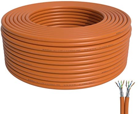 BIGtec 50m CAT.7 Verlegekabel Netzwerkkabel Duplex LAN Kabel Installationskabel Verkabelung Datenkabel CAT7 CAT 7 Gigabit BauPVO Eca orange 2x4x2xAWG23