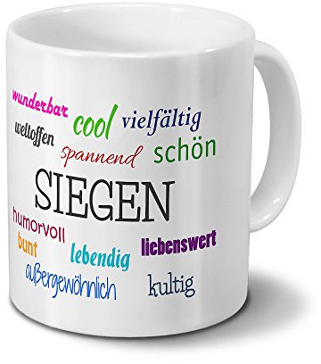 Städtetasse Siegen - Motiv Positive Eigenschaften - Stadt-Tasse, Kaffeebecher, Mug, Becher, Kaffeetasse - Farbe Weiß