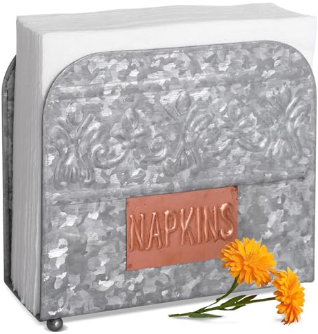 Autumn Alley Verzinkter Serviettenhalter, perfekt für Bauernhaus-Küchentisch | aufrechter, rustikaler Serviettenhalter Landhaus-Dekor schöne Prägung und Kupfer-Label fügen Bauernhaus-Wärme hinzu.